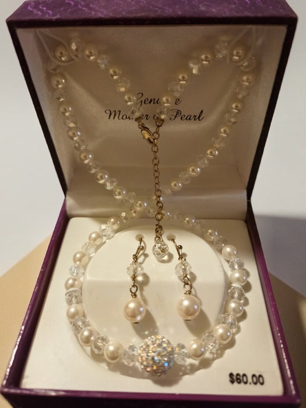 Mother of Pearl 1 1/2" Pierced Earrings and Necklace Set